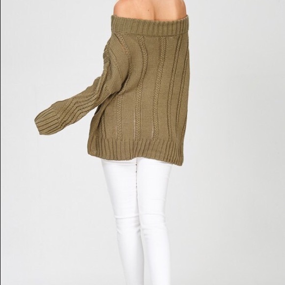 Off The Shoulder Cable Sweater- OLIVE - Picture 6 of 8